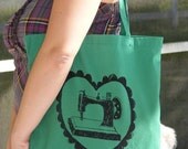 Love to Sew . . Hand Screenprinted SEWING Project Tote Bag . . . Kelly Green