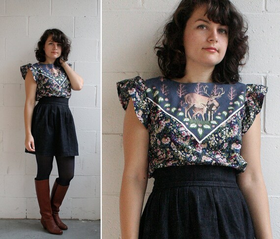 Deer print floral cotton blouse Supayana Last 2 left, size SMALL