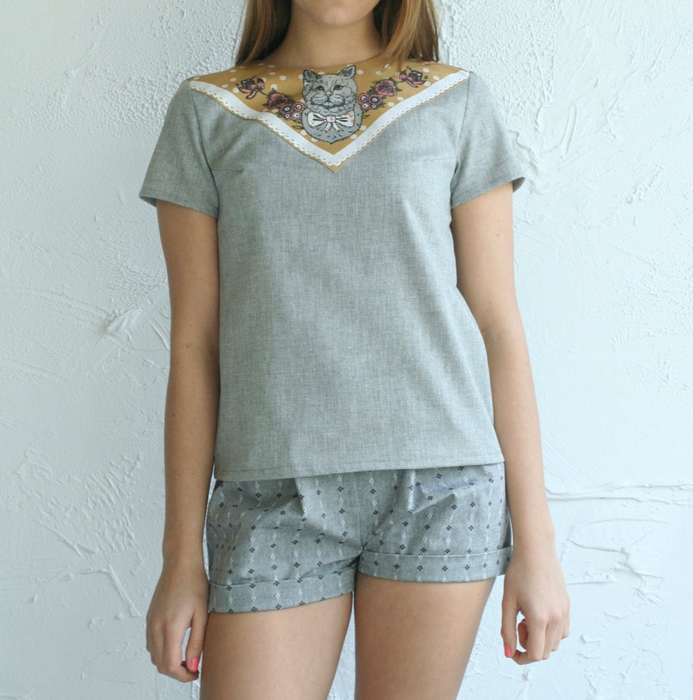 cat print top grey cotton Supayana- Choose from Small, Medium, or Large