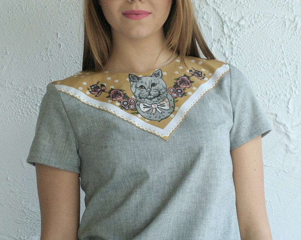 cat print top grey cotton Supayana- Choose from Small, Medium, or Large