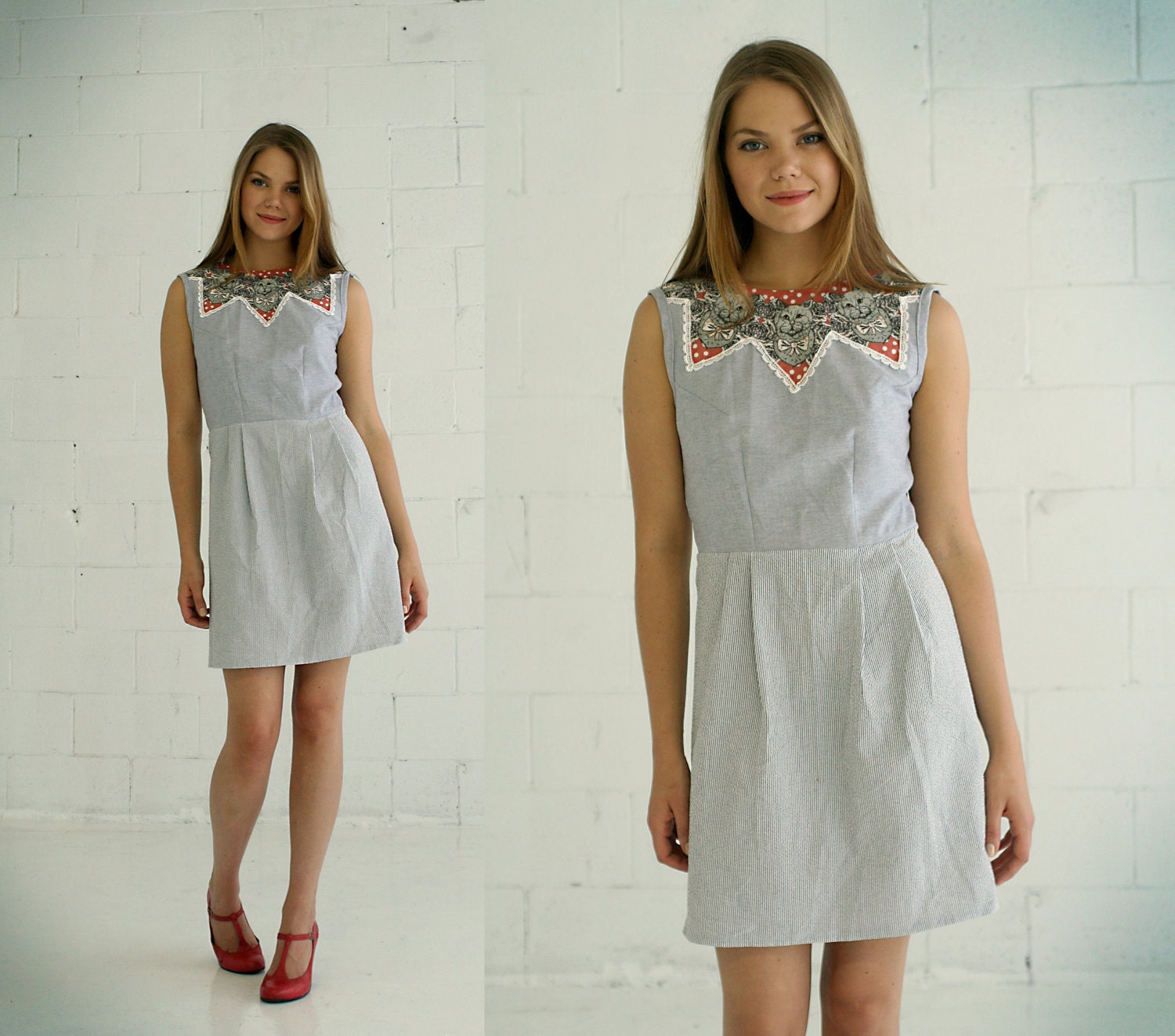 summer CAT dress chambray & seersucker cotton Ready to Ship Fits Small through Medium