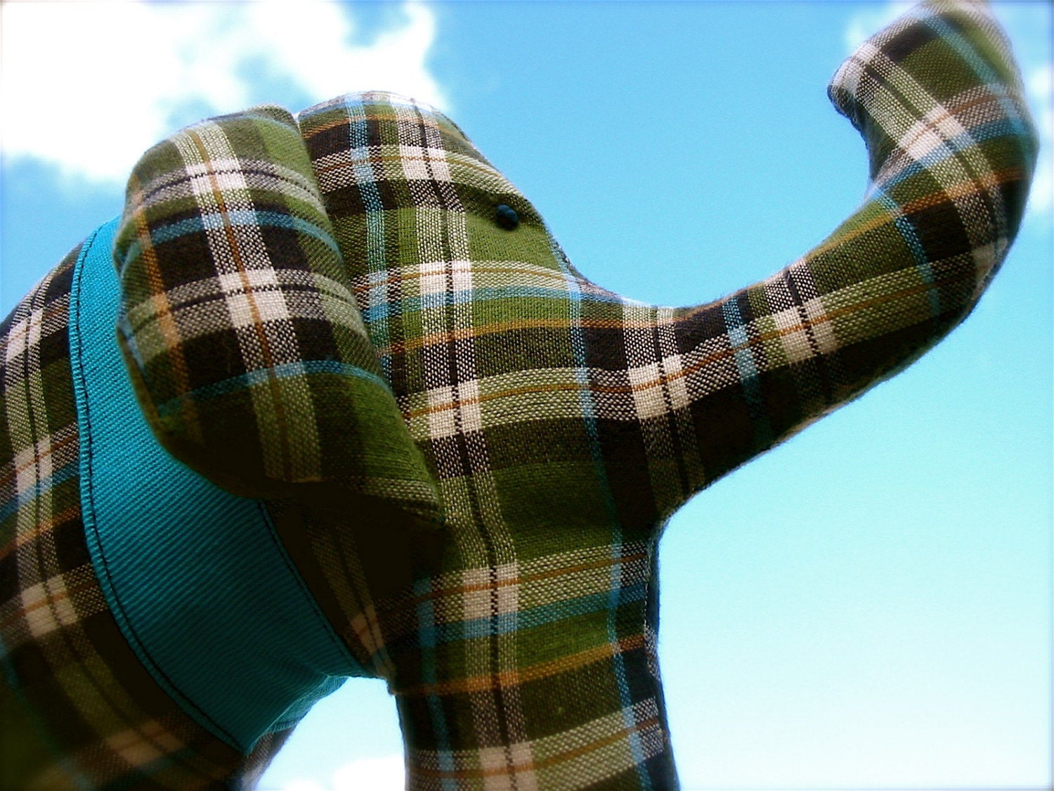 FREE SHIPPING - Lakeside Green and Blue Plaid Flannel Elephant Softie by Maiden Love 