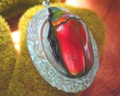 Red Flower Beetle Verdigris Necklace