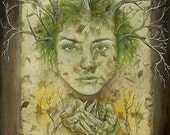Original Nature Pagan dryad tree forest fantasy Art  Painting greenman fairy