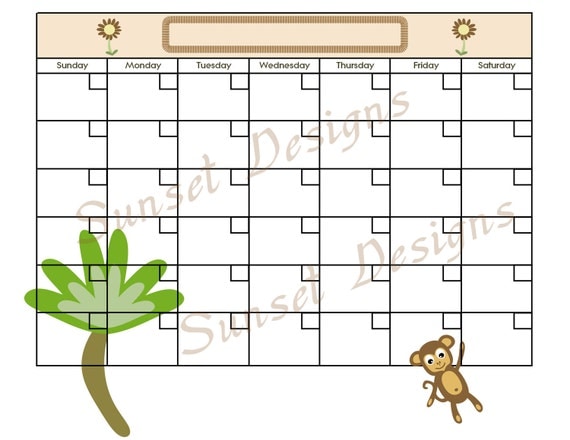 Items similar to Jungle Monkey Calendar Template PDF UPrint on Etsy