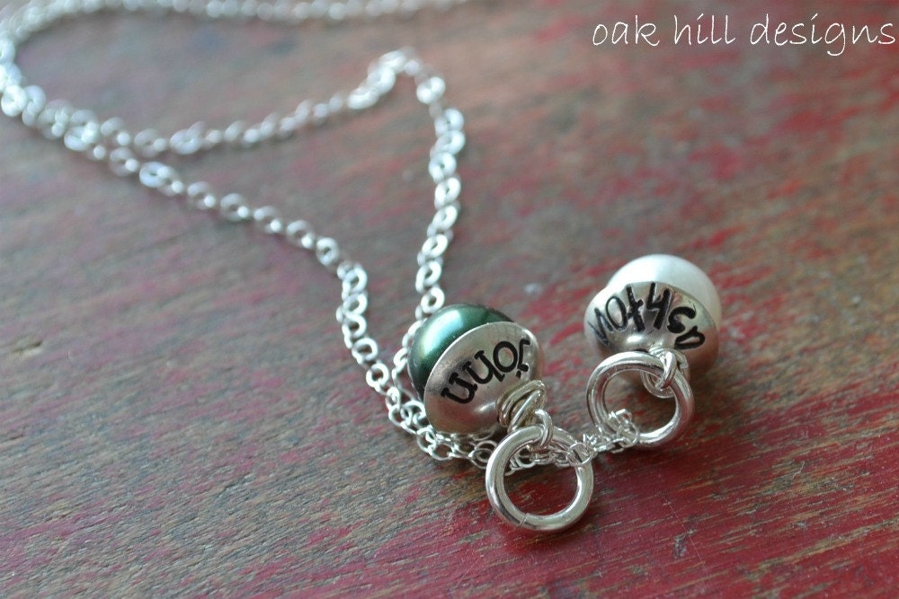 stamped necklace-sterling silver custom personalized jewelry-capped glass pearls