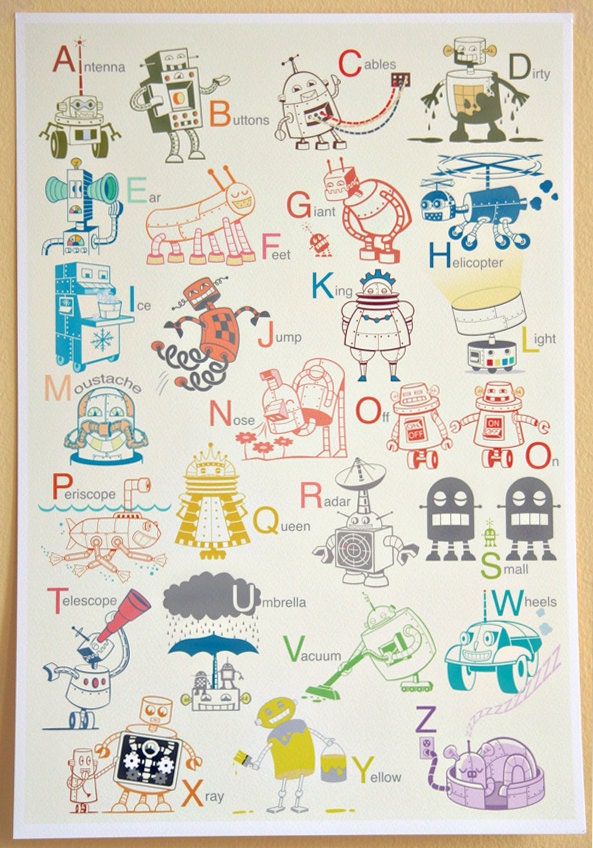 Large Robot Alphabet Art Print - Alphabet print, baby nursery, nursery decor, nursery wall art, kids art, robot art, large art print