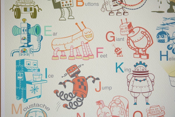 Large Robot Alphabet Art Print - Alphabet print, baby nursery, nursery decor, nursery wall art, kids art, robot art, large art print