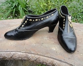 Vintage 80s Norman Kaplan of Las Vegas Black BeDazzled Leather Booties Shoes size 8.5M