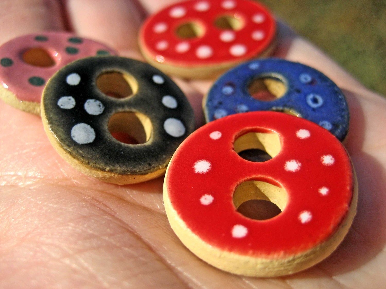 5 Little Round Polka Dot Ceramic Buttons