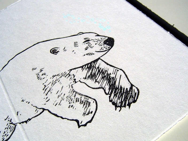 polar bear - greeting card - handprinted - 10x15cm