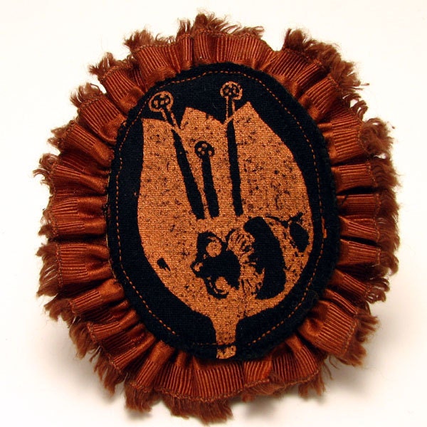 Wearable art fabric brooch with hemp silk ruffle, Bee in Tulip flower
