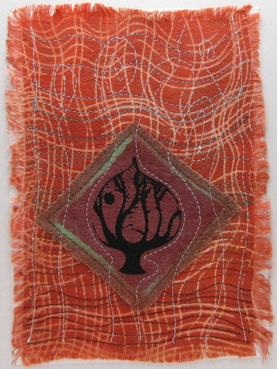 Original fiber art stitched, dyed, printed collage - Whirled in a Tree series - one.