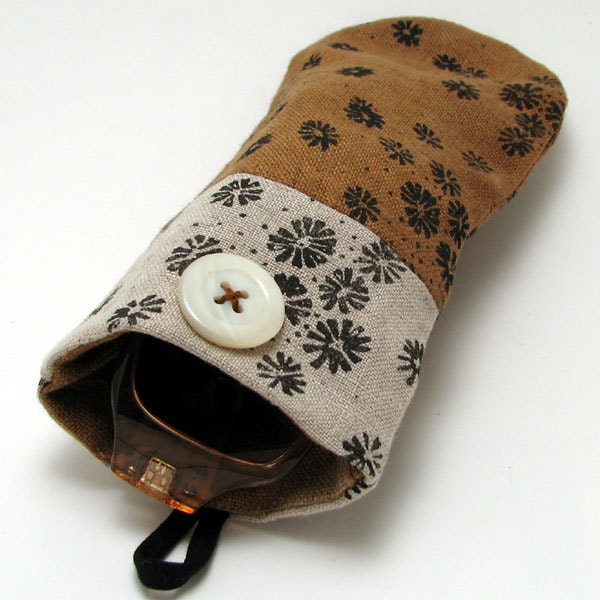 Linen fabric sunglasses case - screenprinted coral pattern