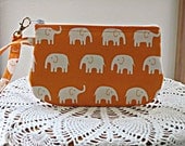 Clutch Wristlet Zipper Gadget Pouch White Elephants on Parade in Orange