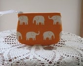 Coin Business Card Clutch Zipper Case White  Elephants on Parade in Orange Made in the USA