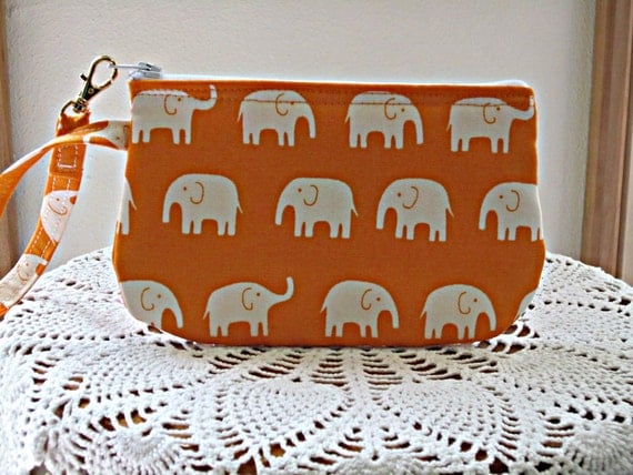 Clutch Wristlet Zipper Gadget Pouch White Elephants on Parade in Orange
