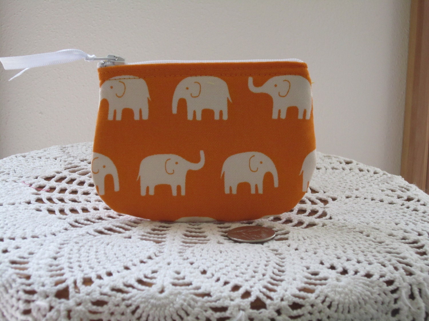 Coin Business Card Clutch Zipper Case White Elephants on Parade in Orange Made in the USA