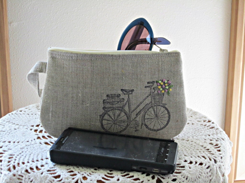Handstamped Linen Wristlet Clutch Zipper Gadget Pouch Retro Bicycle Hand Embroidered