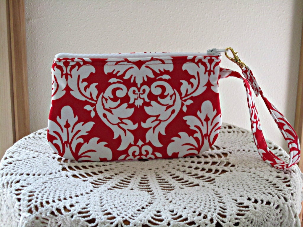 Wristlet Zipper Gadget Purse Pouch in Red and White Damask