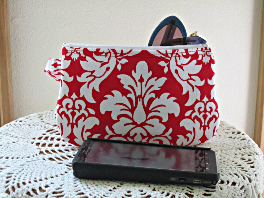 Wristlet Zipper Gadget Purse Pouch in Red and White Damask
