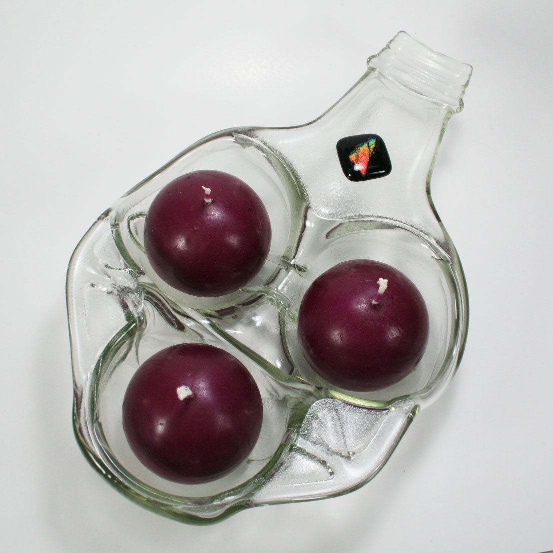 Wine Bottle Triple Dipper Serving Tray or Candle Holder - Upcycled - XL Clear Glass