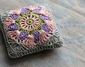 Linen  pincushion - crochet motif