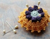 Linen  pincushion - crochet motif