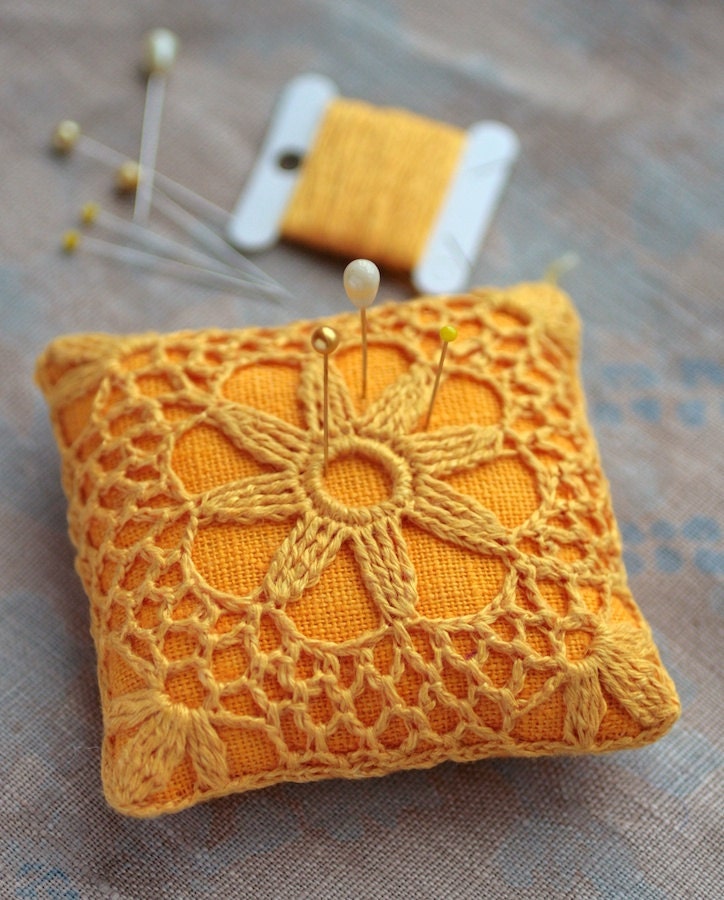 Linen  pincushion - crochet motif