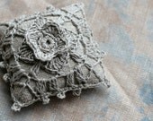 Linen  pincushion - crochet motif