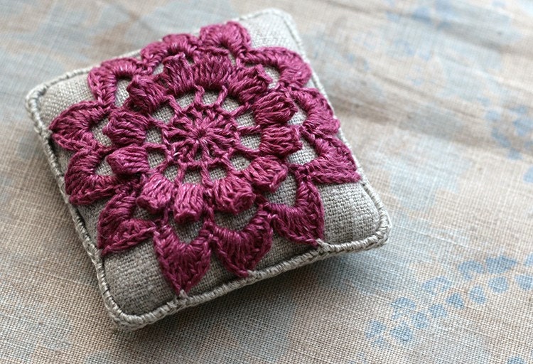 Linen  pincushion - crochet motif