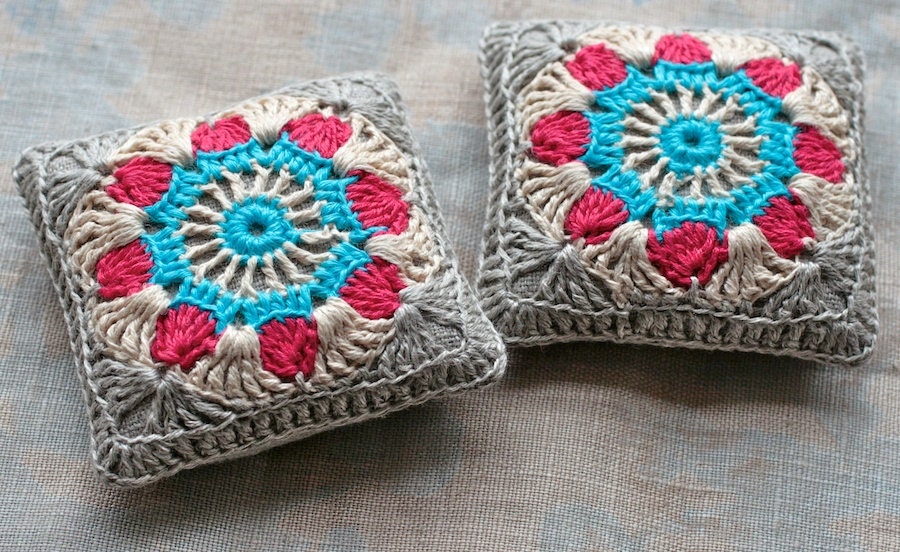 Linen  pincushion - crochet motif