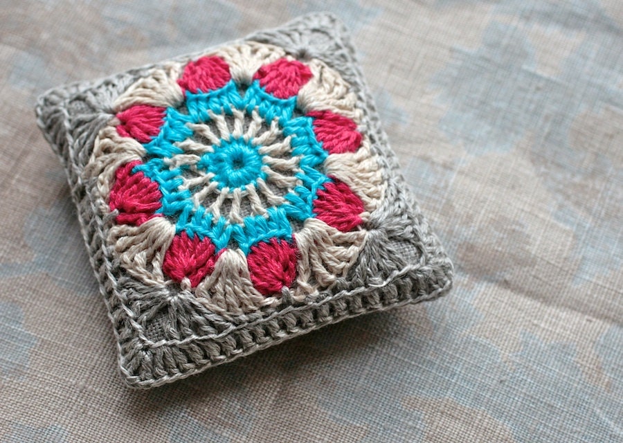 Linen  pincushion - crochet motif
