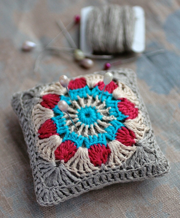 Linen  pincushion - crochet motif