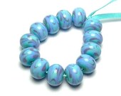 Handmade Lampwork Glass Beads SRA in Swirls of Periwinkle and Ink Blue on Turquoise set of 13 - Stefanie