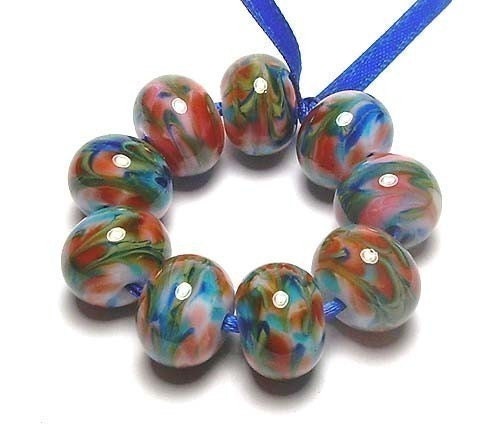 Handmade Lampwork Glass Beads SRA in Swirls of Dark Blue, Coral, Aqua, and Olive Green on White set of 9 - Tropico