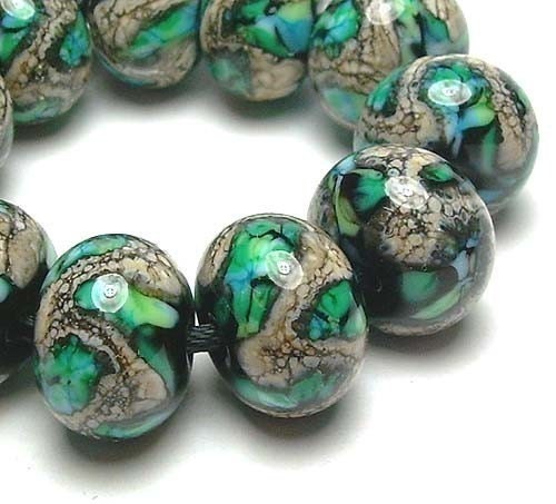 Handmade Lampwork Glass Beads SRA in Silvered Ivory Waves on Turquoise and Black set of 11 - Silvered Turquoise on Black