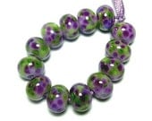 Handmade Lampwork Glass Beads in Violet Purple and Spring Greens on Lavender set of 13 - Violetta