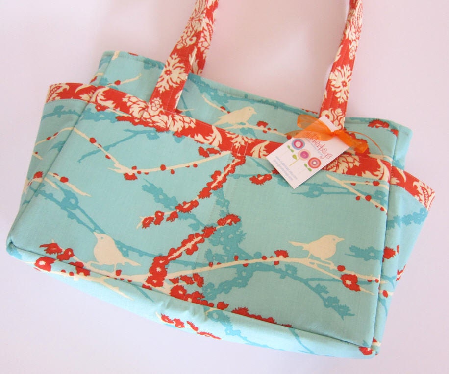 Diaper Bag  - Clutterbags - Hadley - Baby Bag - With Stroller Straps - 14 Pockets Total - Aqua Aviary 2 Sparrows.