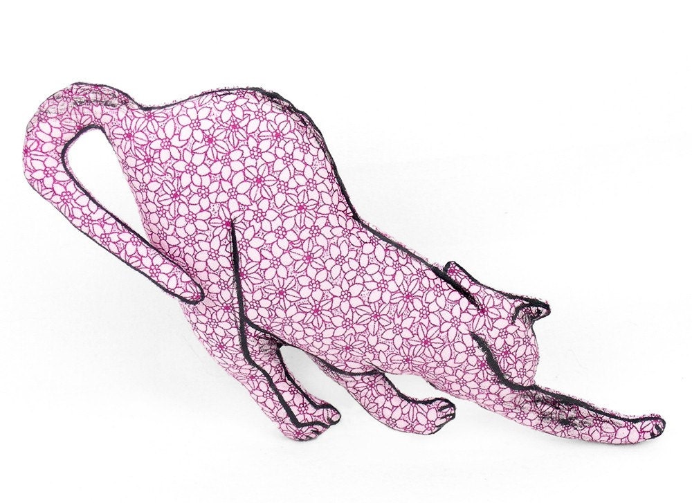 purple floral stretching cat shaped small pillow