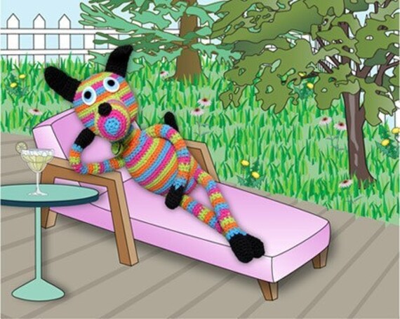 crocheted dog lounging in yard digital print