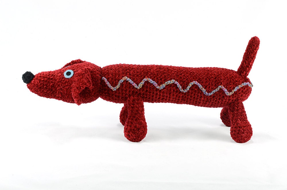 denny - red chenille crocheted dachshund plush dog softie