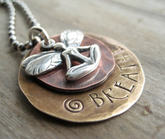 Necklace BREATHE Yoga Faerie Sterling Silver Metal Stamped