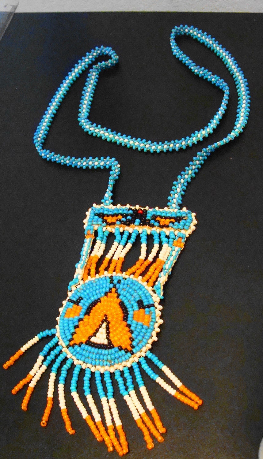 Vintage Native American Beaded Eagle and TeePee Necklace 1970s