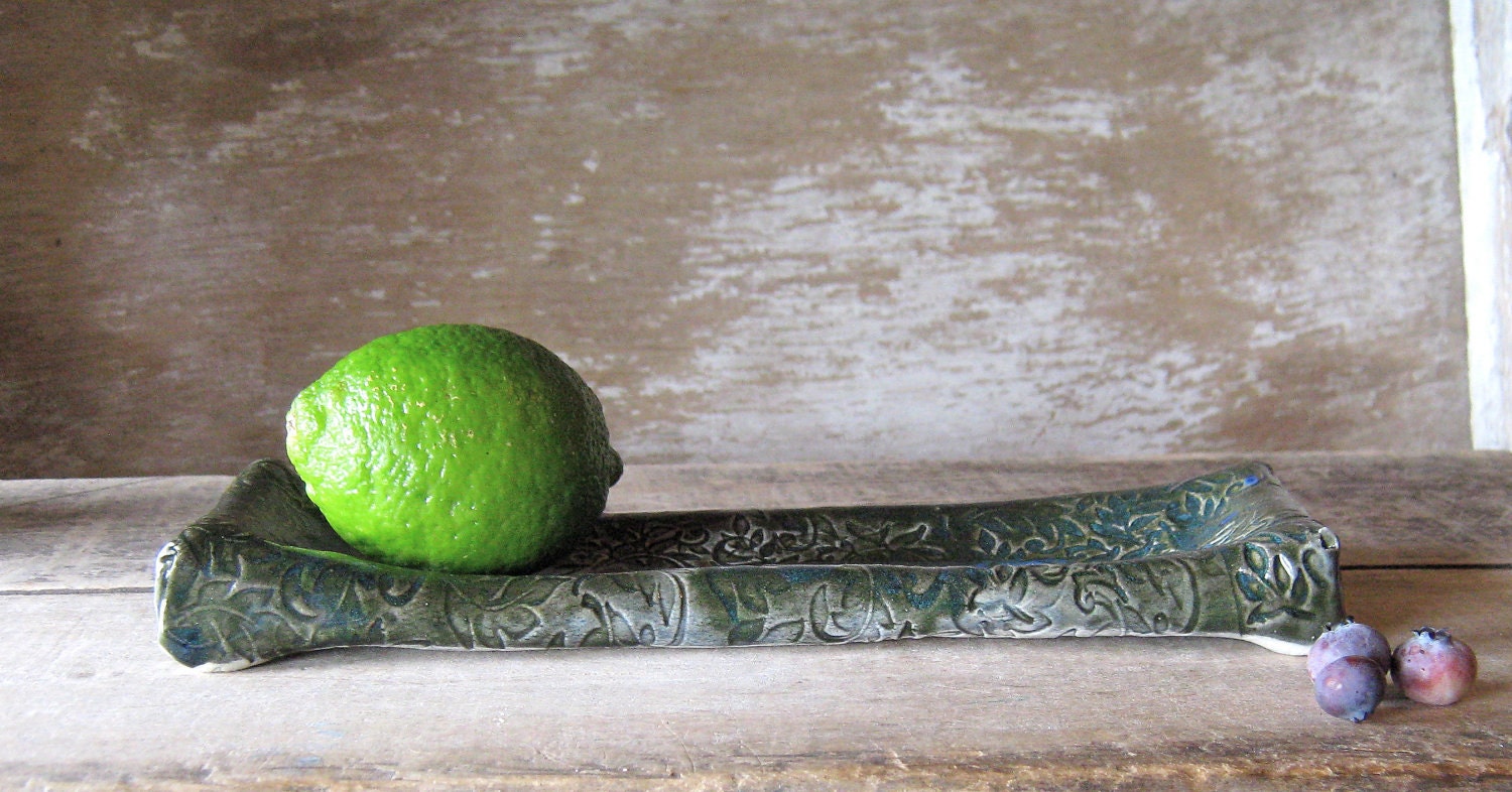 Stoneware Pillow Platter, Rectangular with Texture in Blue Green, Handmade Stoneware Tray, Dining Decor, Ready to Ship