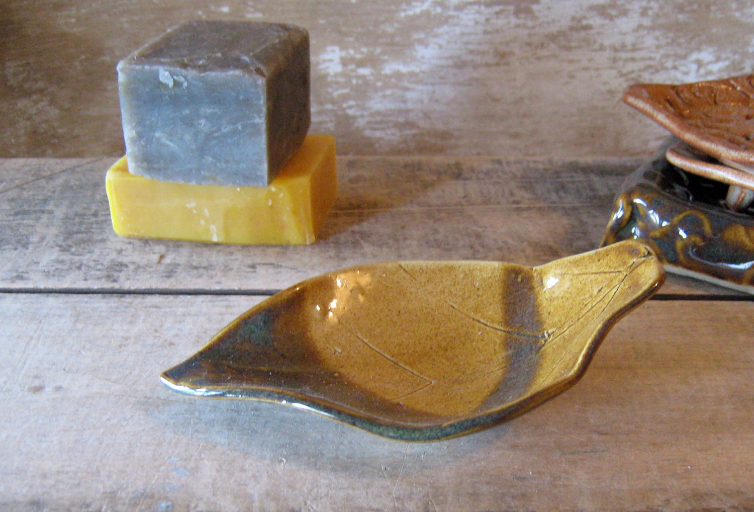 Leaf Soap Dish, Woodland Brown  and Green, Handmade Stoneware, Natural Ready to Ship