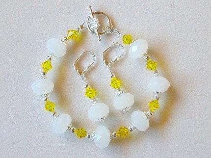 Yellow and White Bracelet and Earrings Swarovski Crystal Bracelet Silver