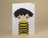 Stripey Jumper Boy or Girl Gift Card featuring Badge. Choose from Yellow, Red, Green, Blue, Pink, White, Skull.