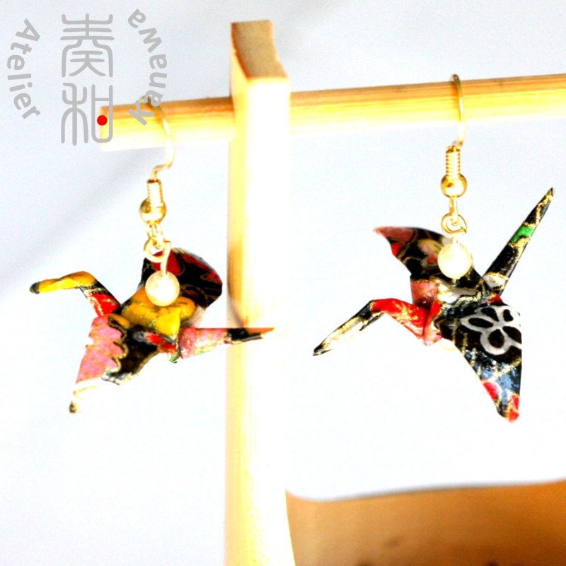 SALE - Joyful Long Life Crane Chiyo-gami / Ori-gami Earrings