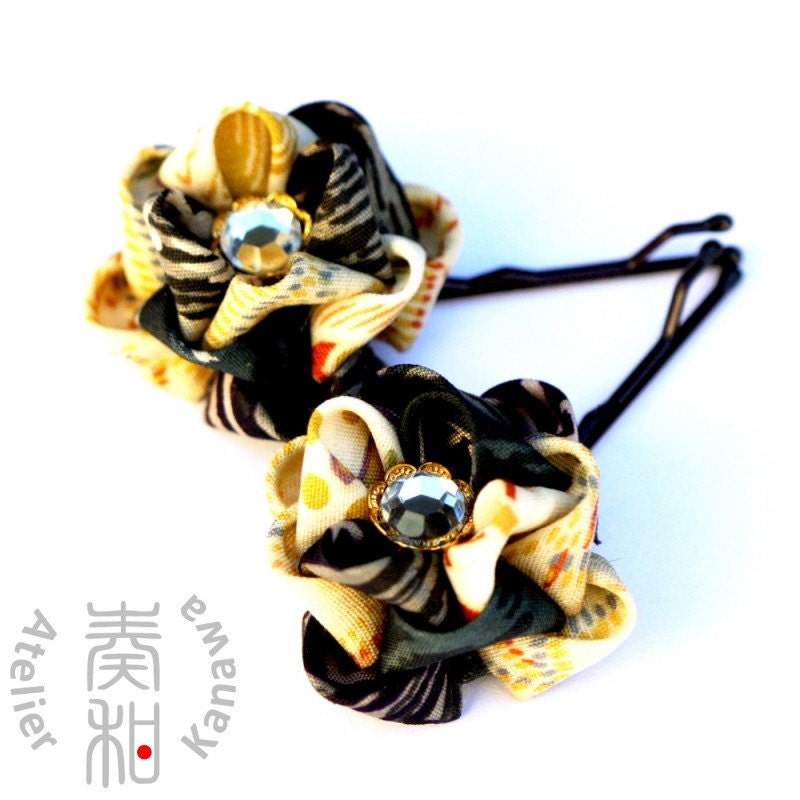 A set of Rose Vintage Kimono Tsumami Kanzashi Bobby Pins with Rhinestone